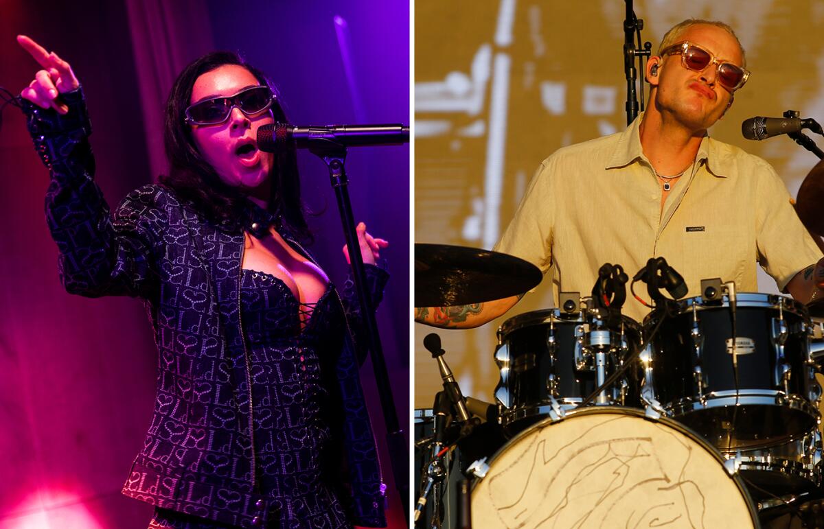 Separate images of Charli XCX singing in a fancy purple outfit and shades and George Daniel playing drums in a tan camp shirt