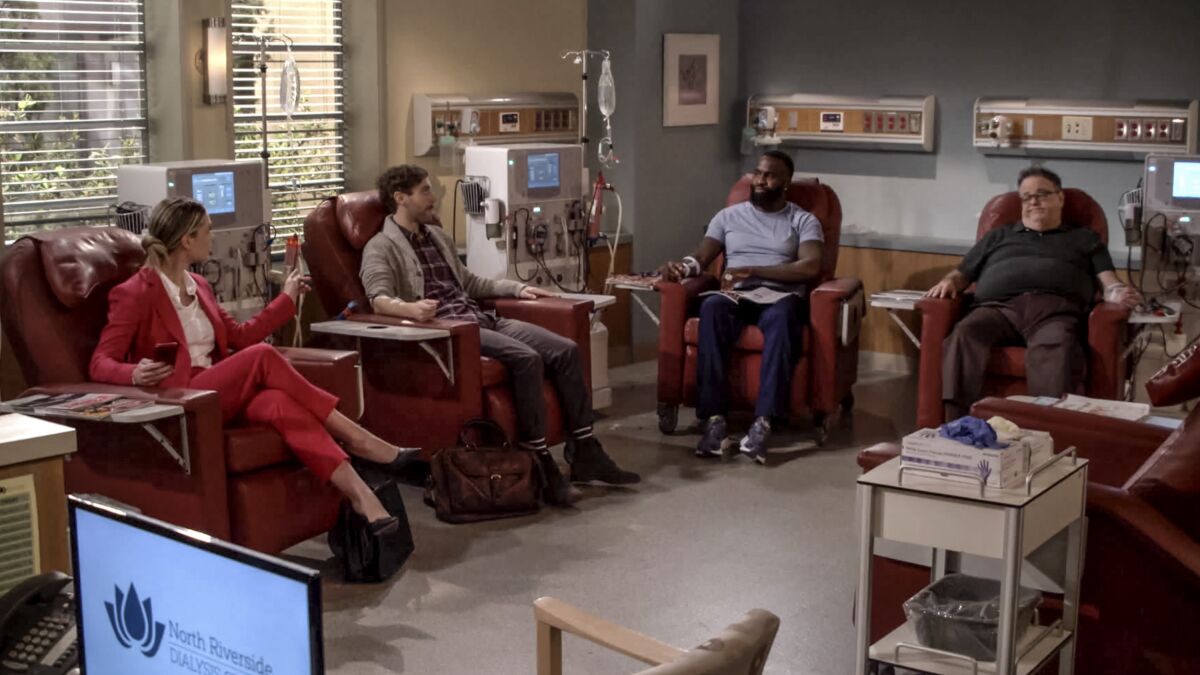 Characters played by Briga Heelan, Thomas Middleditch, Terrence Terrell and David Anthony Higgins talk at a dialysis center.