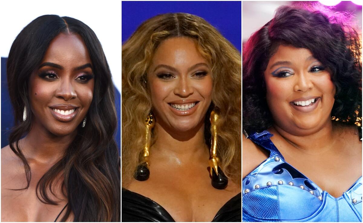 A split image of Kelly Rowland, Beyonce and Lizzo