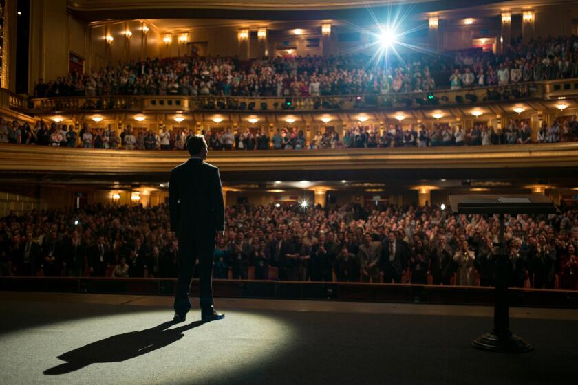 Michael Fassbender in a scene from "Steve Jobs" that takes place at the War Memorial Opera House in San Francisco.