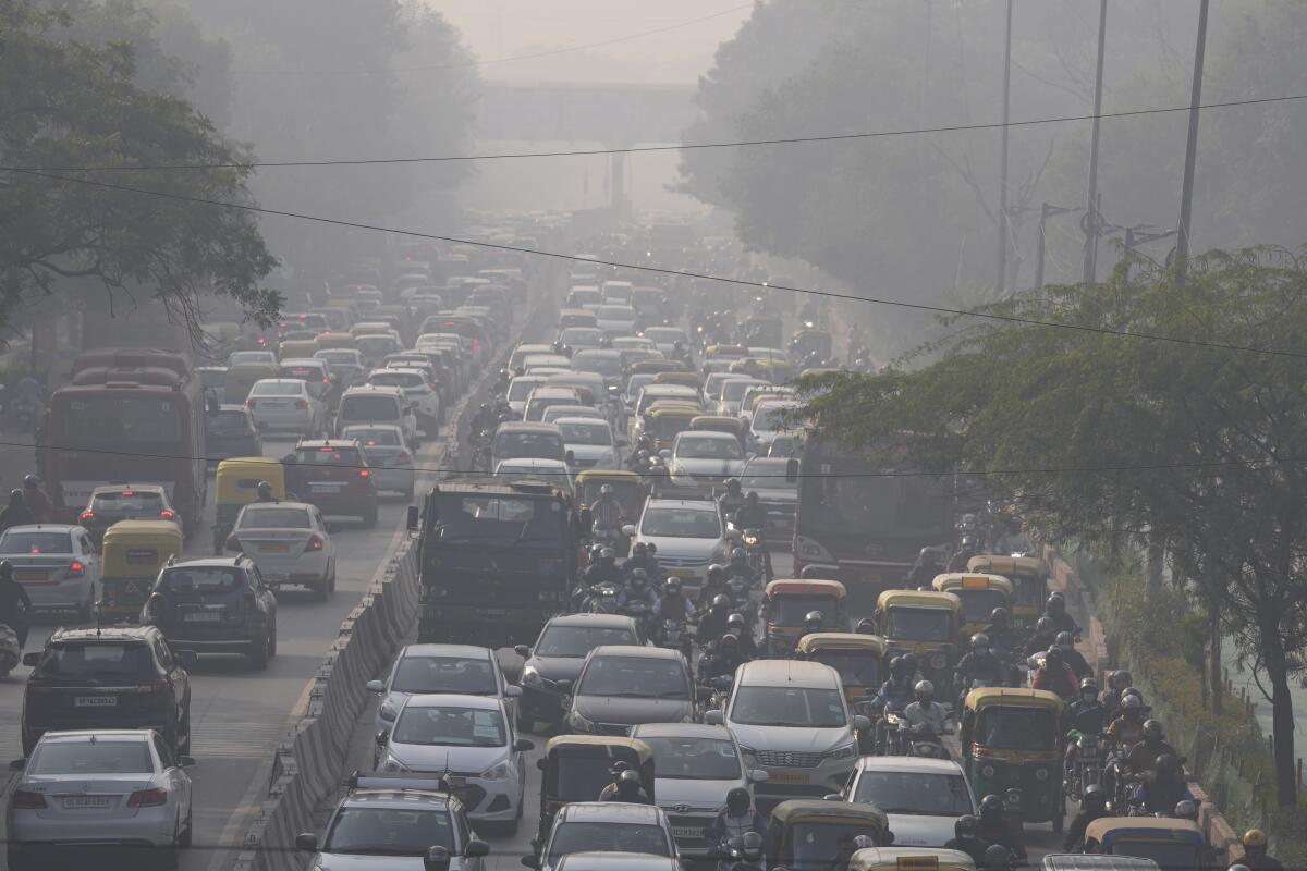 Traffic jam in morning haze