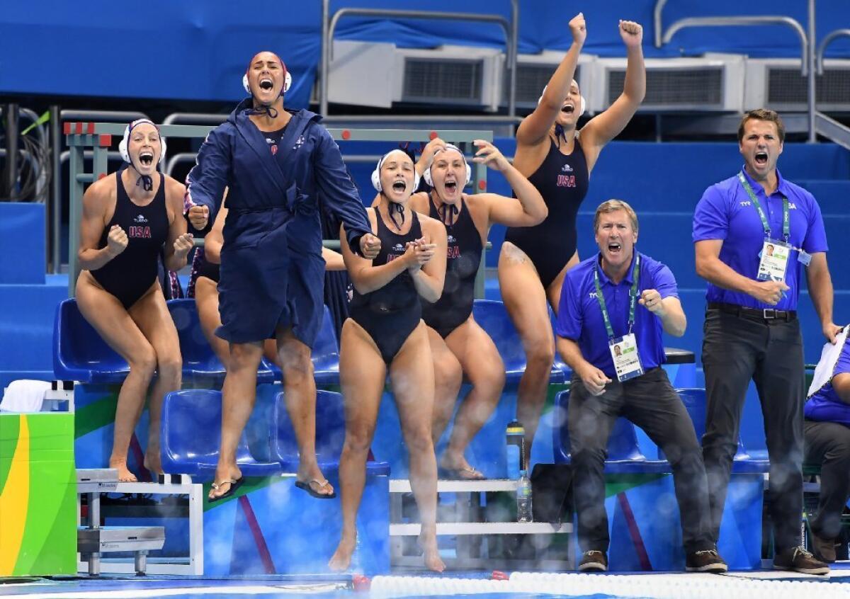 The U.S. women's water polo team erupts after scoring a goal against Italy to secure the gold medal at the 2016 Summer Games.
