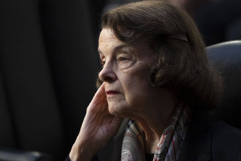 Sen. Dianne Feinstein, D-Calif., listens as the Senate Judiciary Committee begins debate on Ketanji Brown Jackson's nomination for the Supreme Court, on Capitol Hill in Washington, Monday, April 4, 2022. Democrats are aiming to confirm her by the end of the week as the first Black woman on the court but Republicans are likely to try to drag out the process. (AP Photo/J. Scott Applewhite)