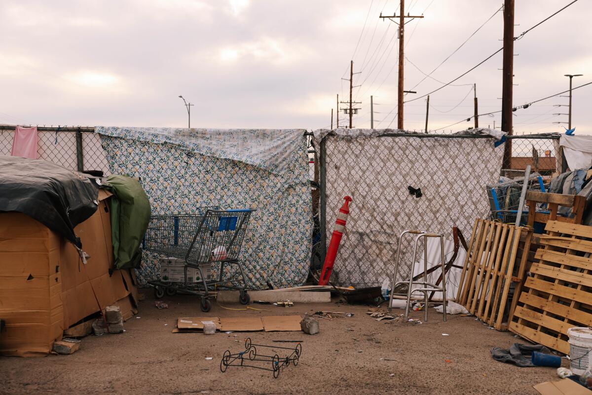 A homeless encampment with a shopping cart and walker.