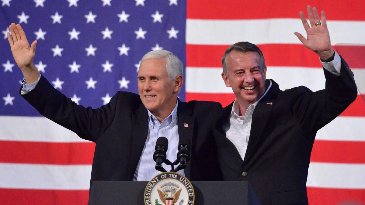 Vice President Mike Pence joins Virginia Republican gubernatorial candidate Ed Gillespie during a campaign rally in Abingdon, Va.