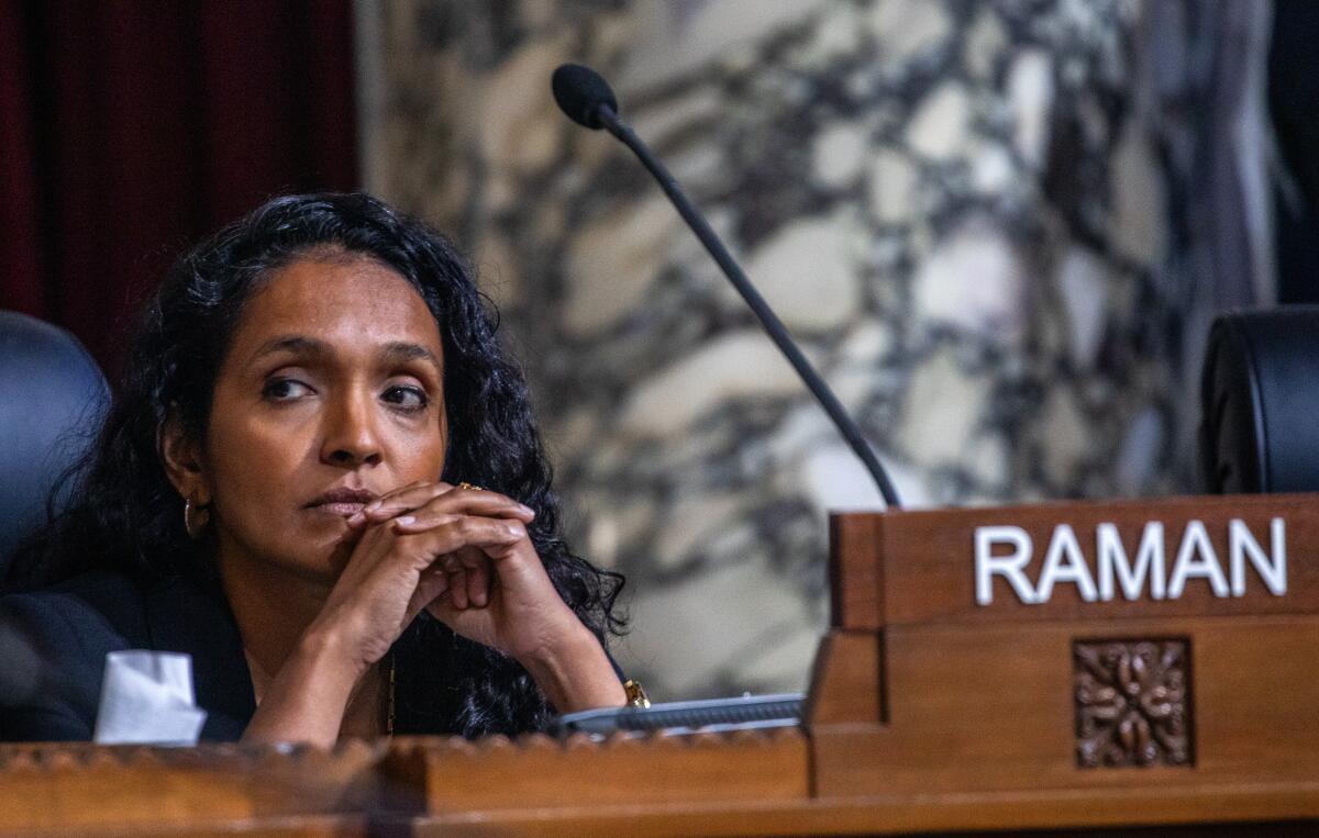 Councilmember Nithya Raman seated at a council meeting