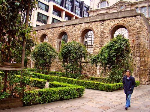 A rebuilt stone wall on the site of the bombed out Christ Church Greyfriars in East London serves as a reminder of the destruction the English capital endured during World War II.