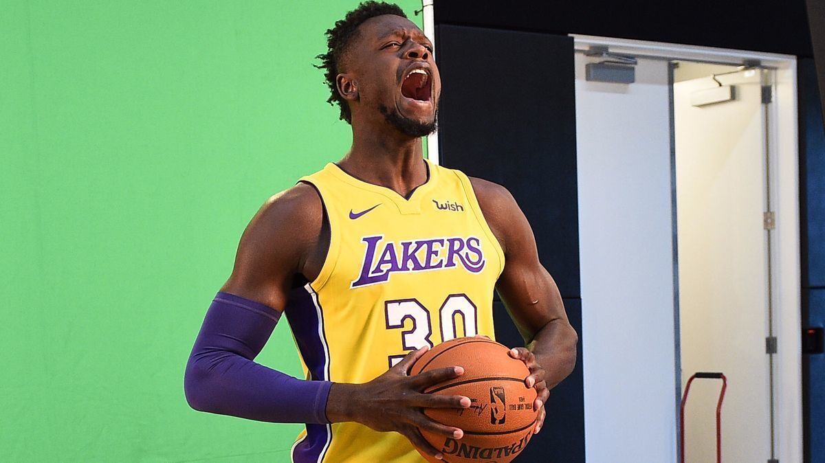 The Lakers' Julius Randle gets pumped up during media day in El Segundo.