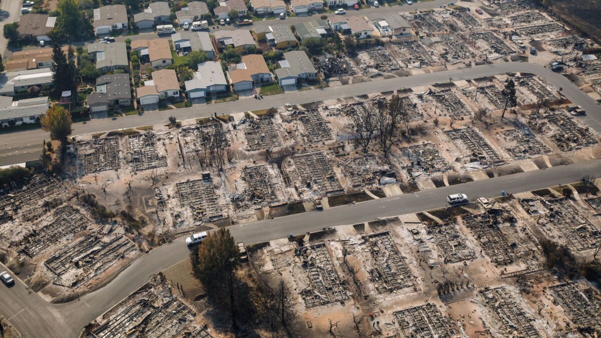An aerial view of the Coffey Park neighborhood in Santa Rosa, where many homes were destroyed in the wildfire.