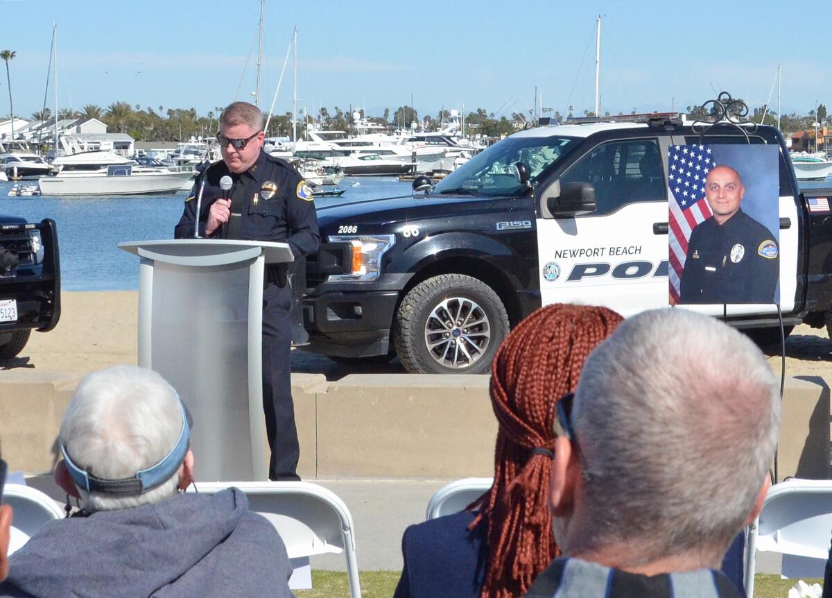 Acting Newport Beach Police Chief Joseph L. Cartwright was among the speakers during the Nicholas Vella plaque dedication.