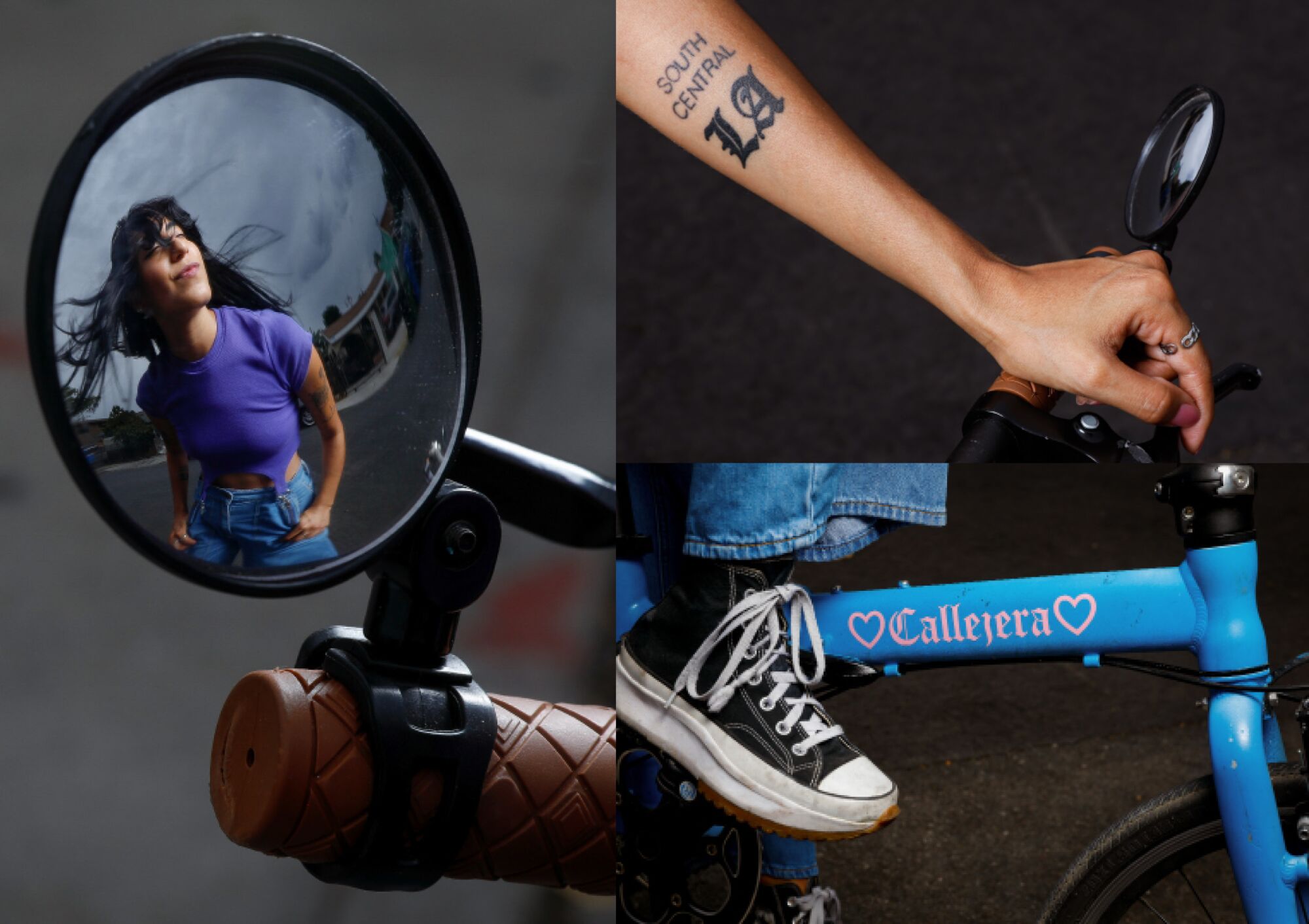 Three photos together of Michelle Moro, with her arm tattooed and her foot with sneakers on the pedal of her bicycle.