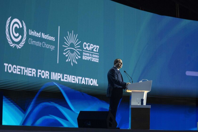 Egyptian President Abdel Fattah el-Sissi, speaks during the COP27 U.N. Climate Summit, in Sharm el-Sheikh, Egypt, Monday, Nov. 7, 2022. (AP Photo/Nariman El-Mofty)