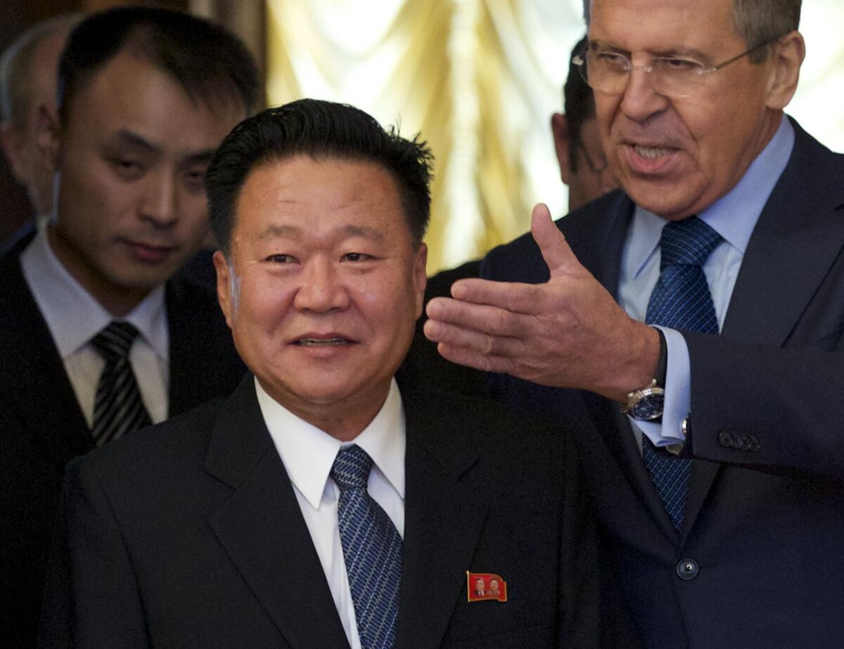 Russian Foreign Minister Sergei Lavrov, right, welcomes North Korean special envoy Choe Ryong Hae during their meeting in Moscow on Thursday.