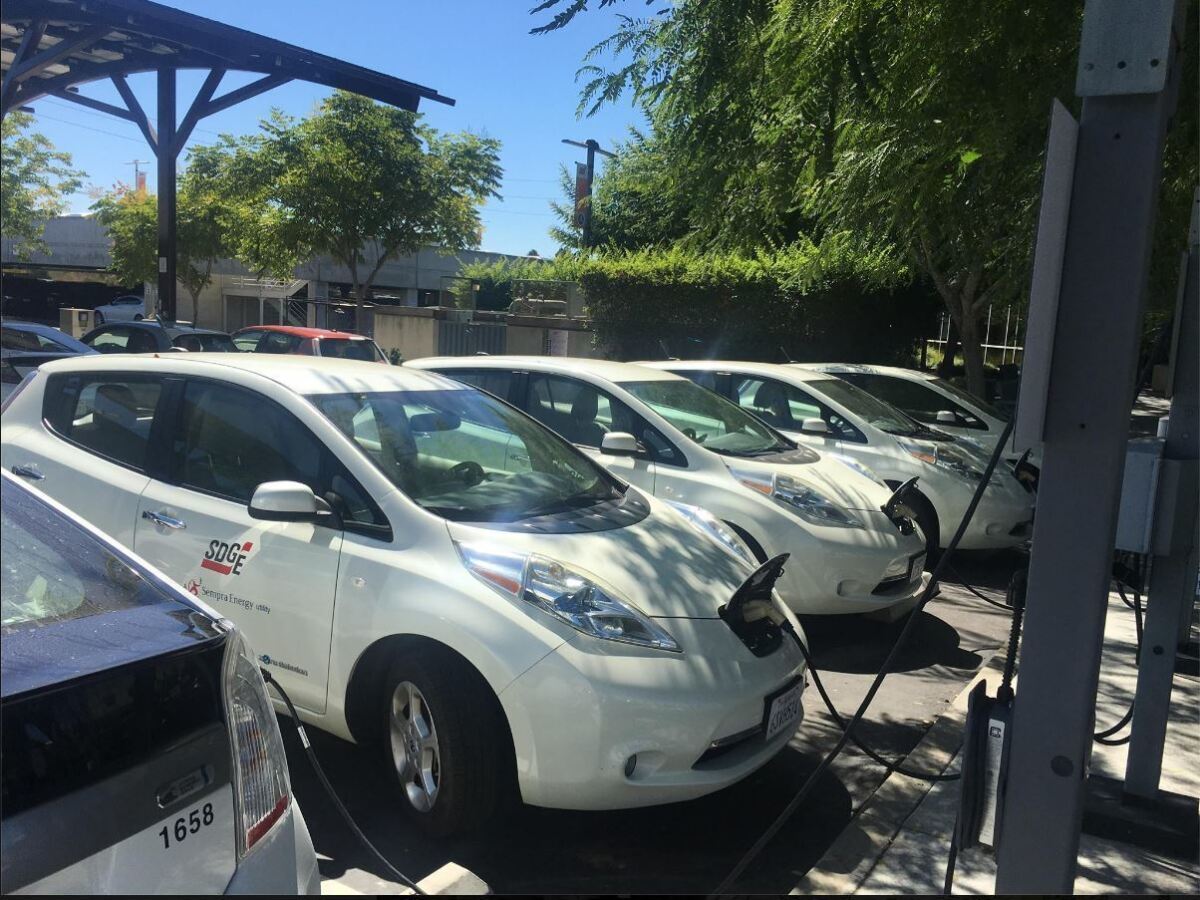 An electric car charging station is shown at the headquarters of San Diego Gas & Electric in Kearny Mesa.