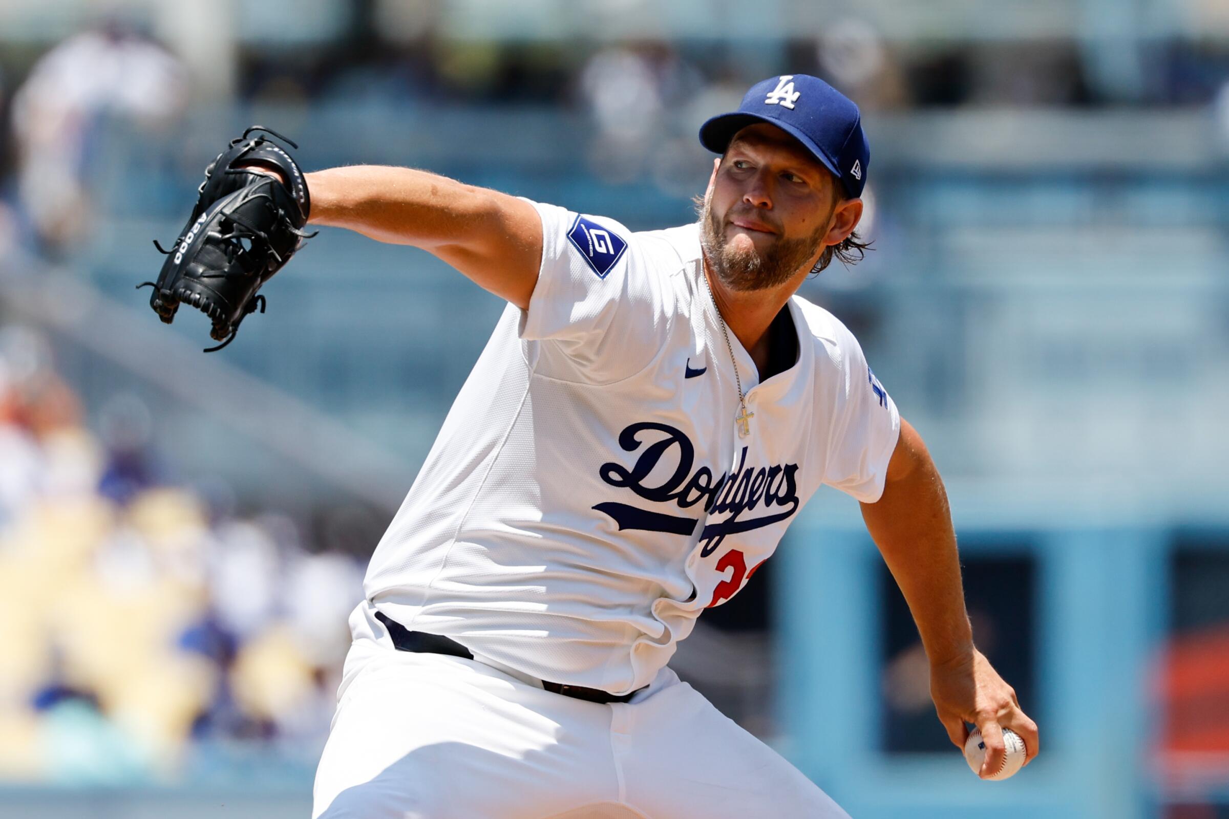 Dodgers left-hander Clayton Kershaw holds a splitter grip as he pitches in a home uniform