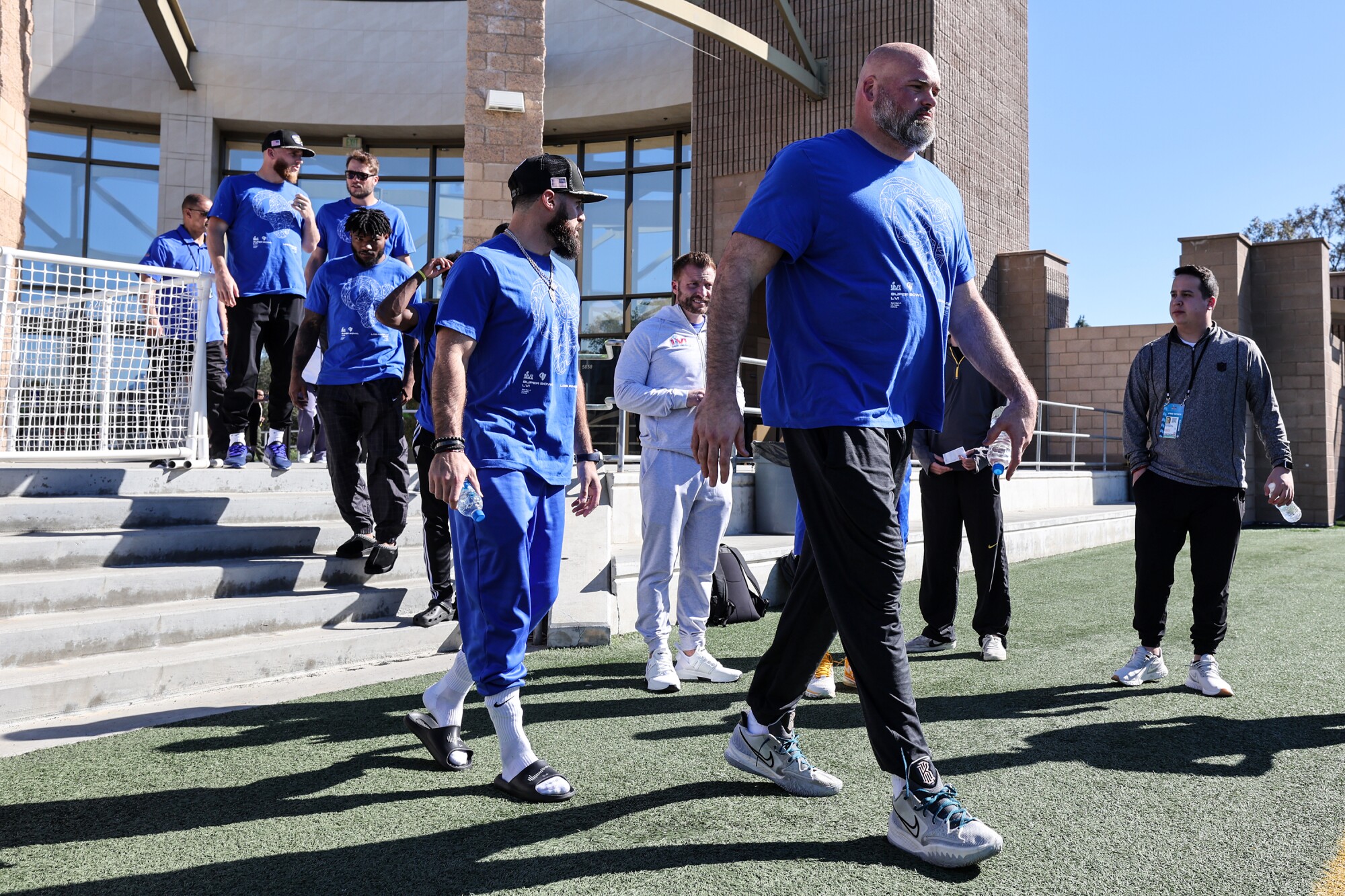 Rams lineman Andrew Whitworth arrives with teammates for Super Bowl media day in Thousand Oaks.