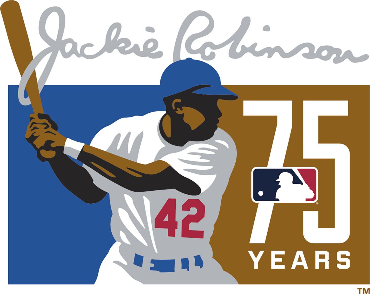 This image provided by Major League Baseball shows the new 75th anniversary logo of Jackie Robinson's No. 42 in Dodger blue that will celebrate the 75th anniversary of his breaking the major league color barrier. (Courtesy of MLB via AP)