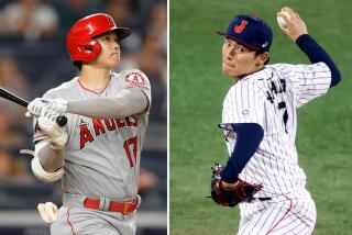 LEFT: Shohei Ohtani #17 of the Los Angeles Angels hits a two-run home run during the fifth inning against the New York Yankees at Yankee Stadium on June 29, 2021 in the Bronx borough of New York City. (Photo by Sarah Stier/Getty Images) RIGHT: Yokohama, Japan- AUGUST 04: Yoshinobu Yamamoto #17 of Team Japan pitches in the second inning against Team Republic of Korea during the semifinals of men's baseball on day twelve of the Tokyo 2020 Olympic Games at Yokohama Baseball Stadium on August 04, 2021 in Yokohama, Japan. (Photo by Koji Watanabe/Getty Images)