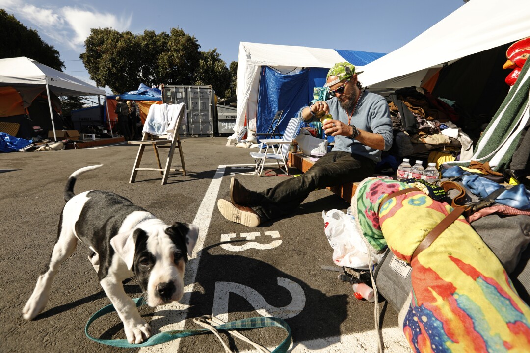A man and a dog sit outside a tent