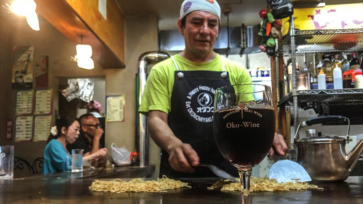 Fernando Lopez, a native of Guatemala, runs an okonomiyaki eatery in Hiroshima and serves a wine specifically marketed as an ideal companion to the savory pancake.