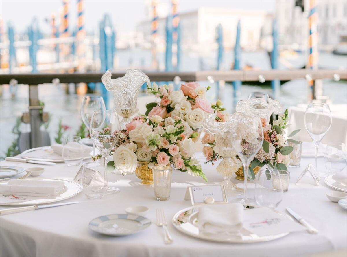 A wedding table on the dining deck of Gritti Palace overlooking the Grand Canal