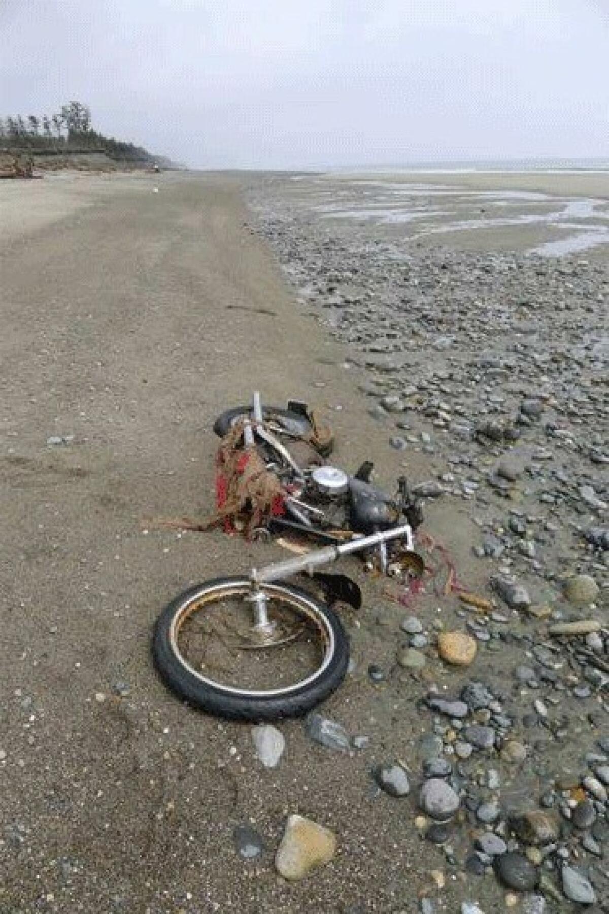 A rusting Harley-Davidson from Miyagi prefecture, Japan, was discovered on a remote beach in British Columbia in late April and photographed May 2.