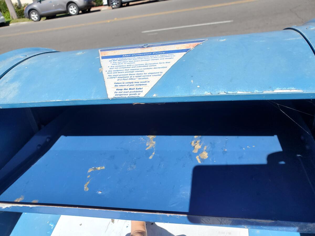 A sticky substance believed to be intended for mail theft was reported on the inside of this mailbox on La Jolla Boulevard.