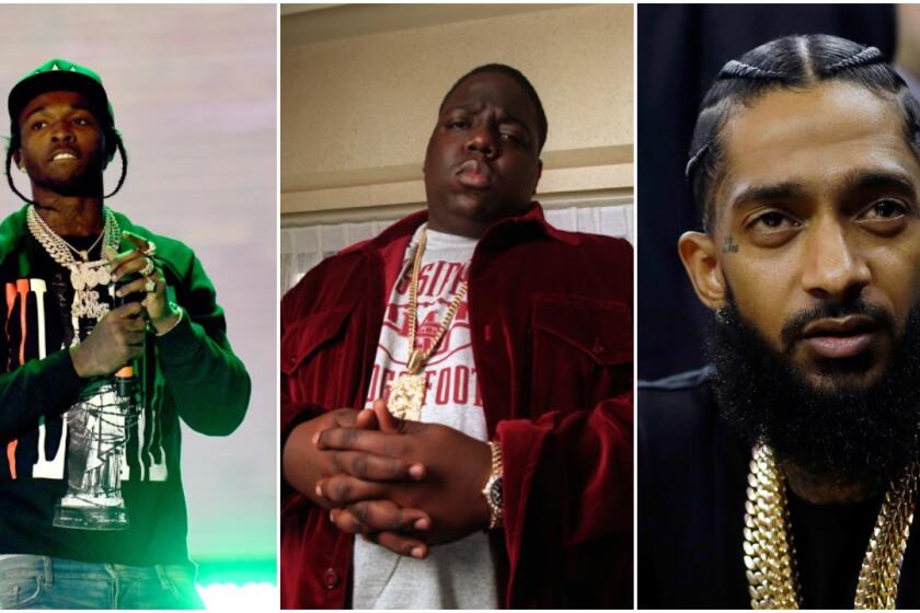 (L to R) Rapper Pop Smoke, Notorious B.I.G., and Nipsey Hussle.