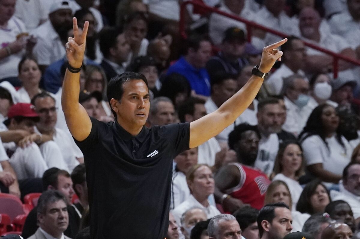 Miami Heat head coach Erik Spoelstra gestures during the first half of Game 1 of an NBA basketball second-round playoff series against the Philadelphia 76ers, Monday, May 2, 2022, in Miami. (AP Photo/Marta Lavandier)