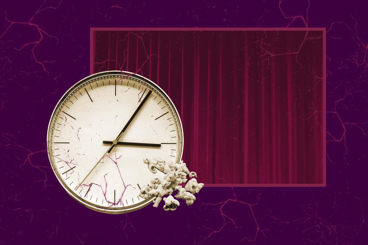 collage of popcorn, a theater curtain and a clock face showing six past three
