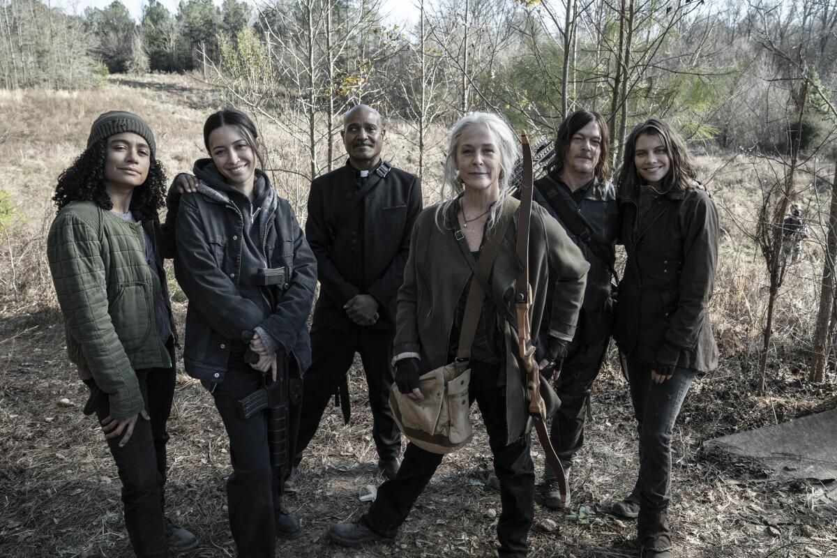 A behind-the-scenes photo of several of the key cast members of "The Walking Dead" 