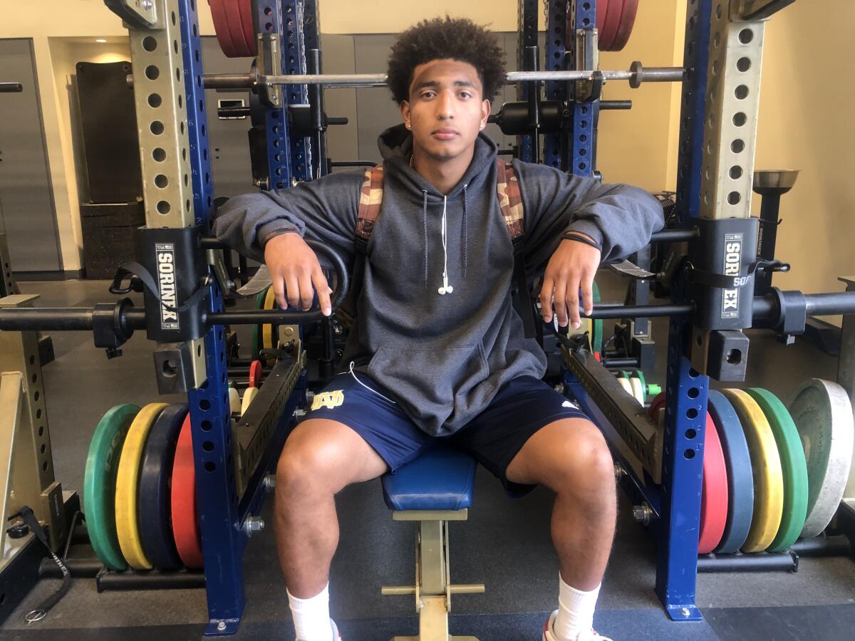 Anthony Spearman III poses for a photo in the Notre Dame weight room.