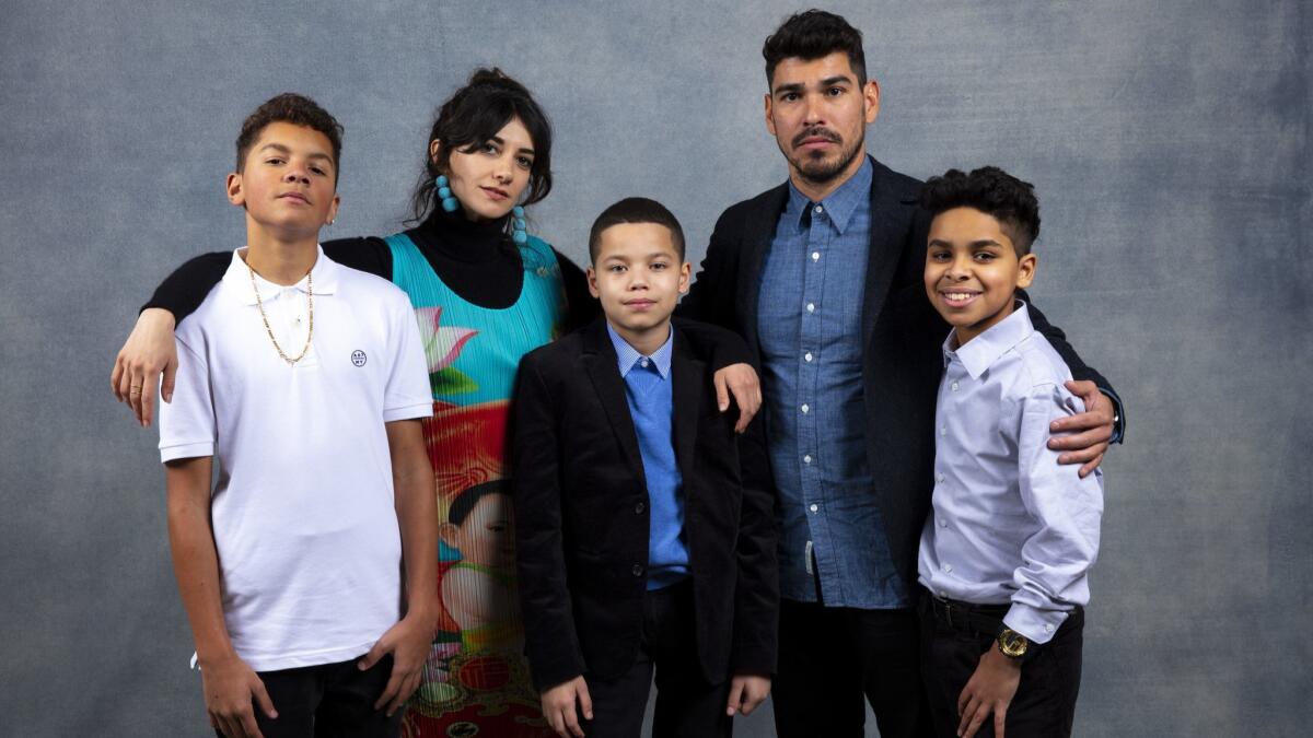 From left, actors Isaiah Kristian, Sheila Vand, Evan Rosado, Raúl Castillo and Josiah Santiago, stars of the film "We The Animals," photographed in the L.A. Times Studio during the Sundance Film Festival in Park City, Utah.