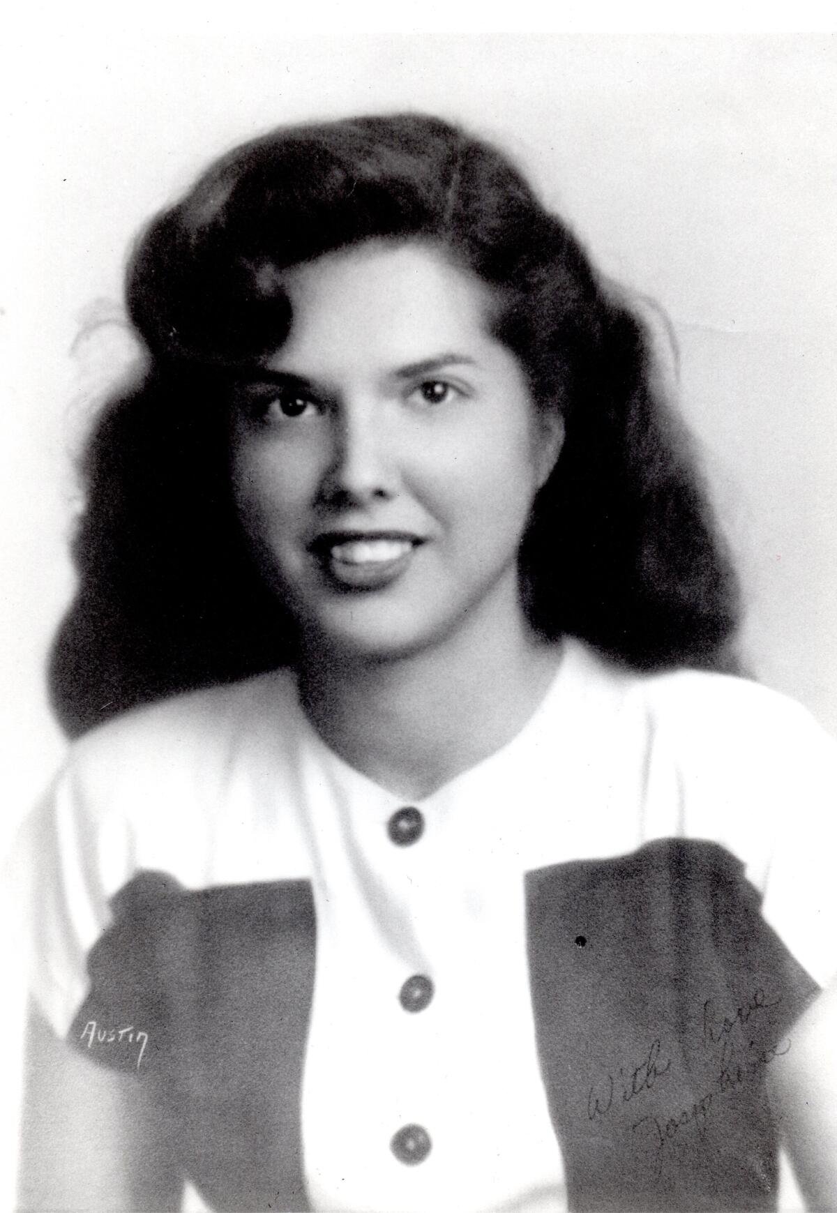 Jo Lopez poses for a black and white photo in 1947.