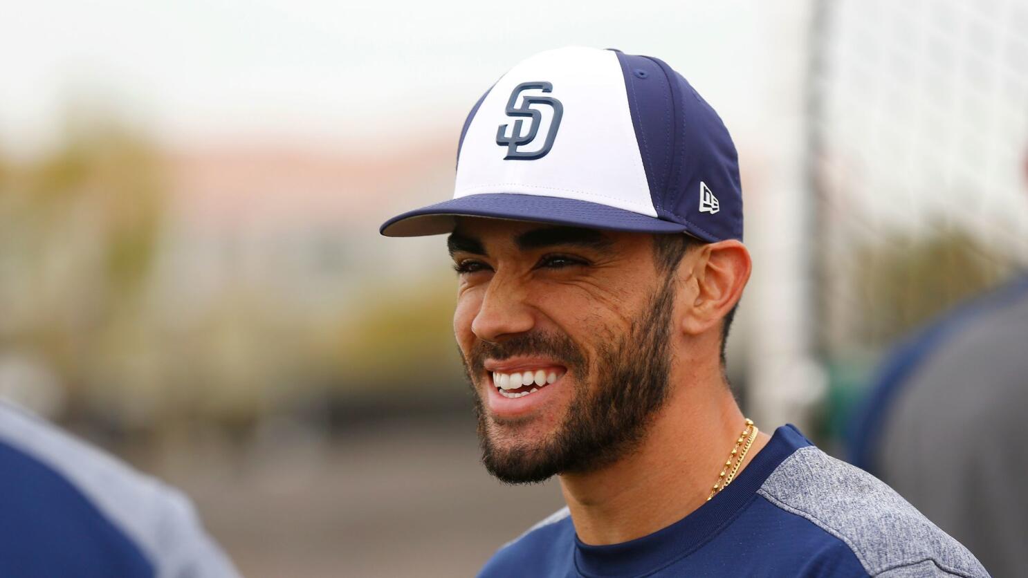 San Diego Padres catcher Austin Nola greets pitcher Nick Martinez