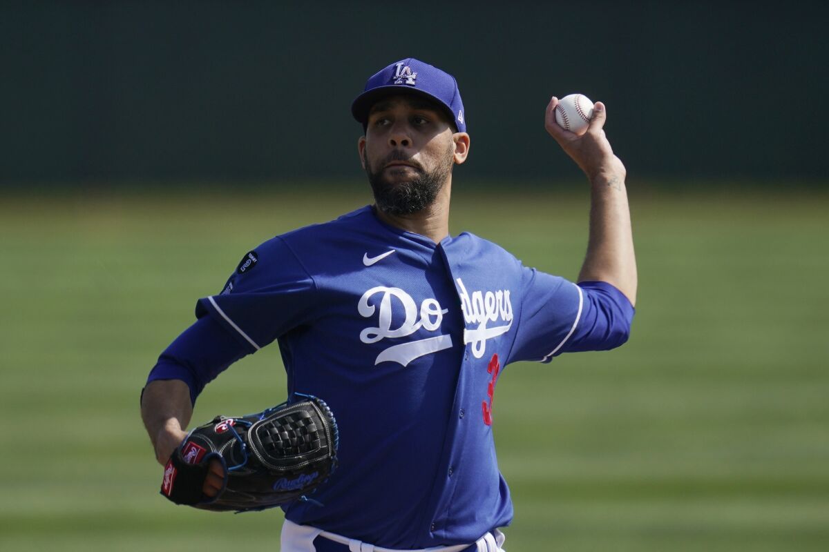 Dodgers pitcher David Price throws a mock pitch.