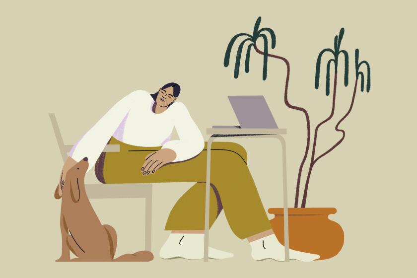Illustration of a person working from home at a desk with a dog, laptop and plant.