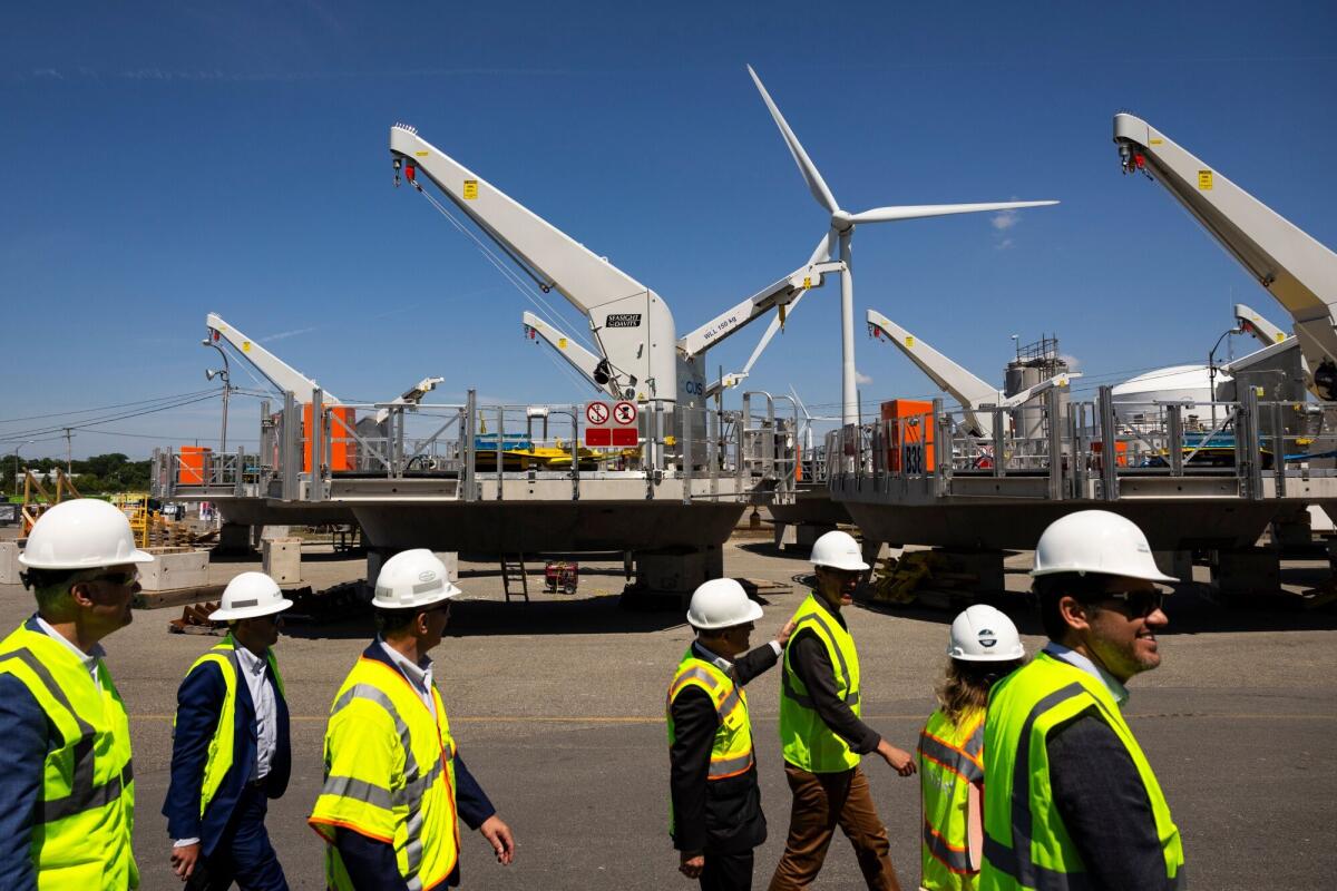 Wind turbine foundation components at the Revolution Wind construction hub in Providence, R.I.