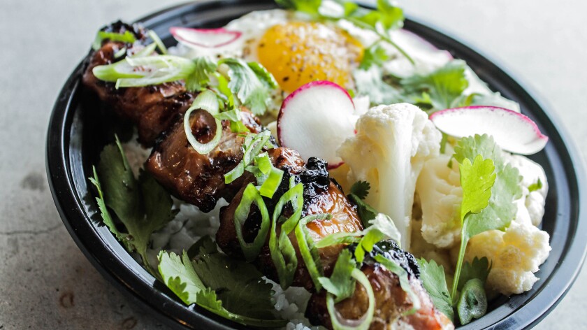 Pinoy BBQ, a dish a chef Phillip Esteban's White Rice booth, opening June 12 at Liberty Public Market in Point Loma.