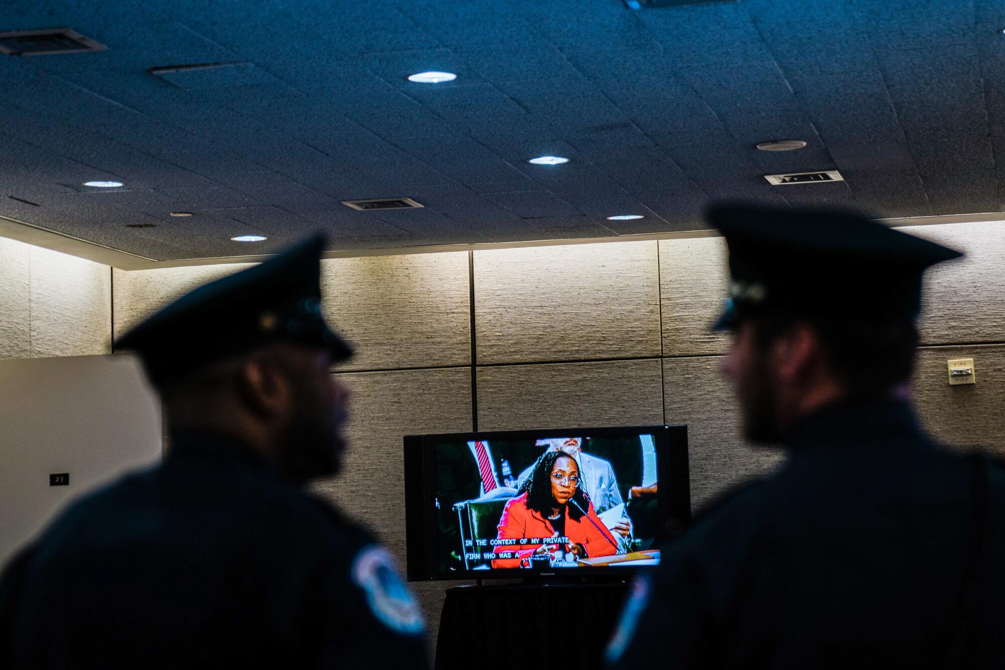 A monitor displaying Supreme Court nominee Judge Ketanji Brown Jackson