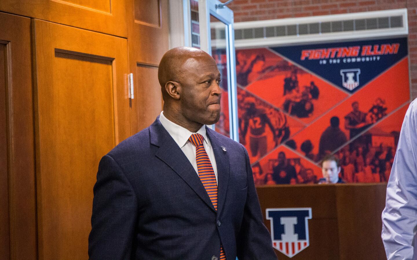 Lovie Smith arrives at the Bielfeldt Athletics Administration Building in Champaign for his introduction as the new Illini football coach on March 7, 2016.