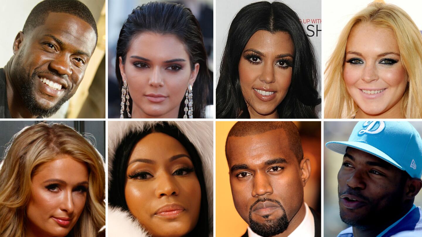 A string of celebrity burglaries in the Los Angeles area have targeted singer Nicki Minaj, model Kendall Jenner, reality TV star Khloe Kardashian, rapper Kanye West, socialite Paris Hilton, actress Lindsay Lohan, actor Orlando Bloom, comedian Kevin Hart, Dodger Yasiel Puig and many others.