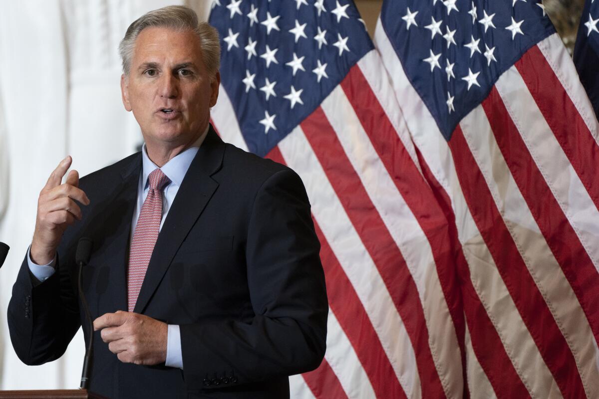 Kevin McCarthy gesturing and speaking in front of American flags 