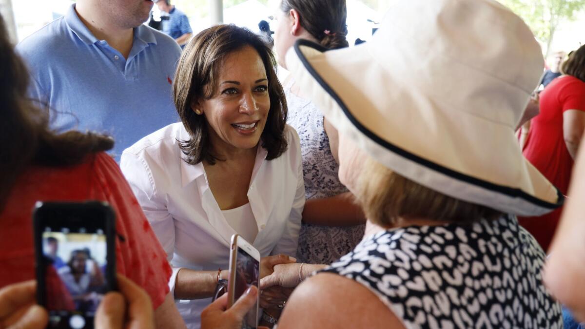 Democratic presidential candidate Sen. Kamala Harris greets residents during the West Des Moines Democrats' annual picnic July 3.