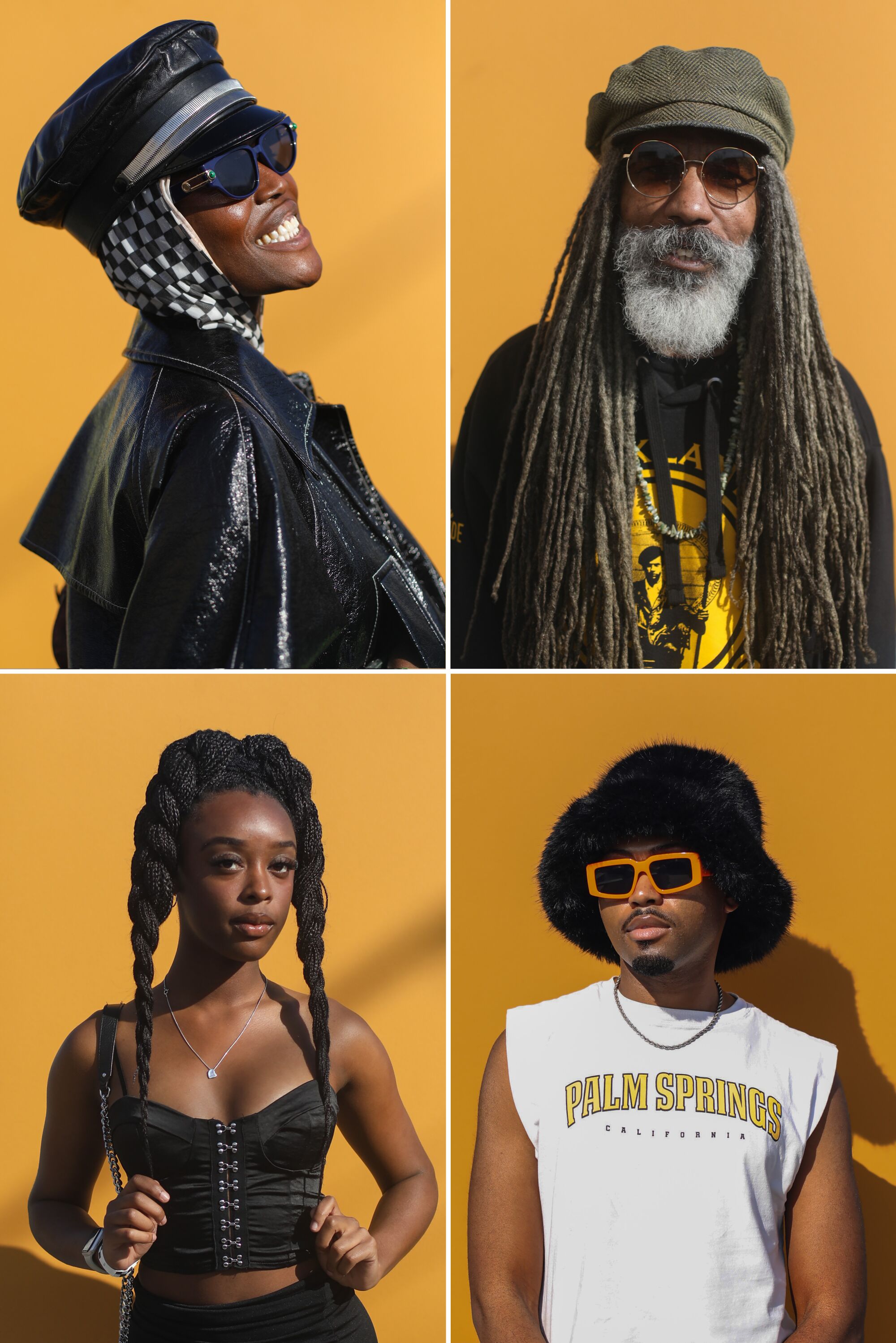 Four portraits of people against an orange wall at the Beehive