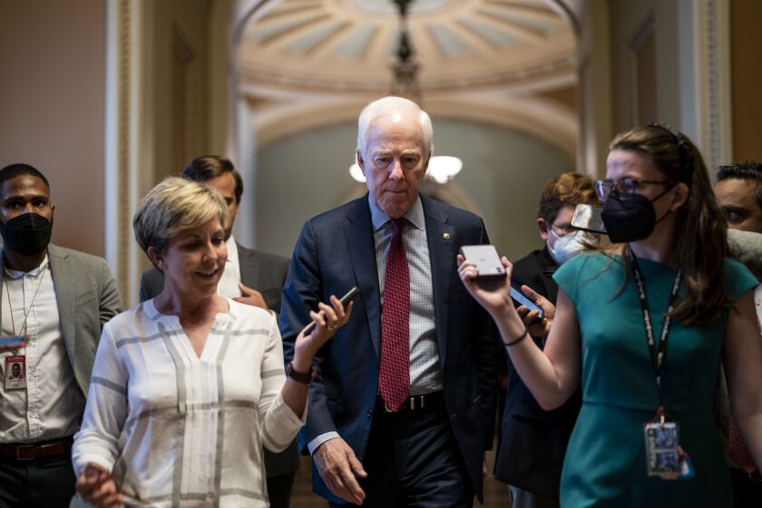WASHINGTON, DC - JUNE 07: Sen. John Cornyn (R-TX) talks with reporters following party policy luncheons on Capitol Hill on Tuesday, June 7, 2022 in Washington, DC. (Kent Nishimura / Los Angeles Times)