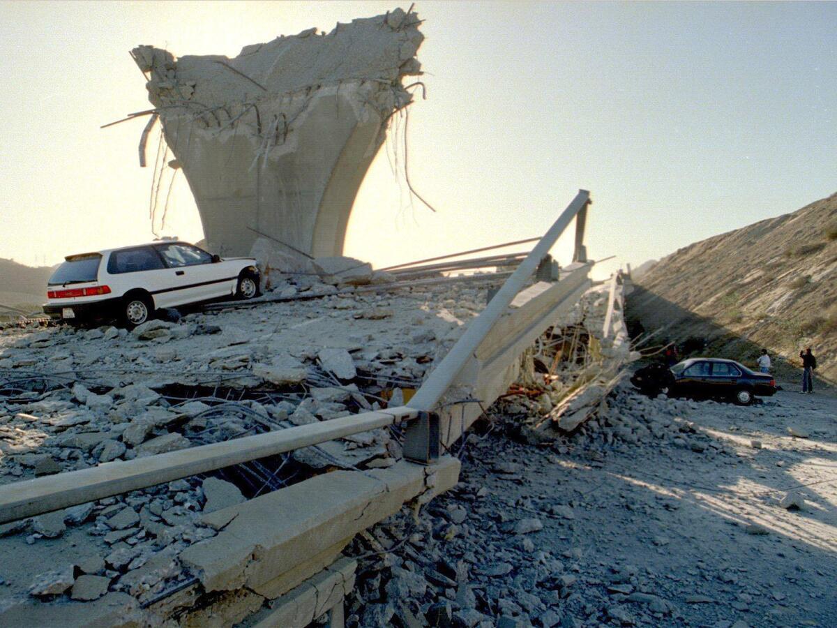 Only rubble remained at the junction of the 5 and 14 freeways after the 1994 Northridge earthquake.