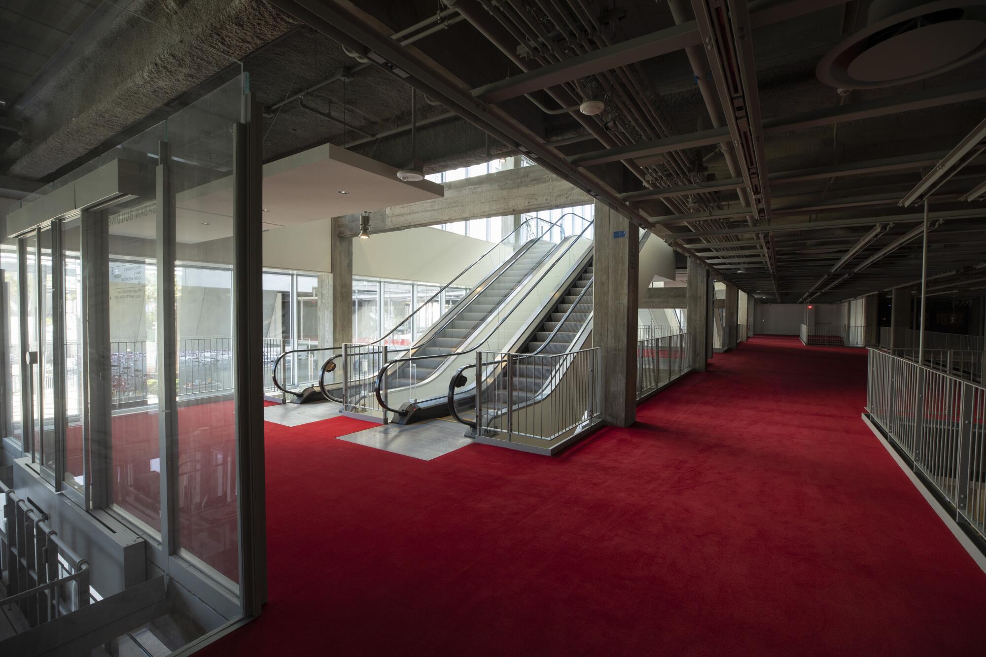 Escalators descend to a mezzanine area that is covered in bright red carpet