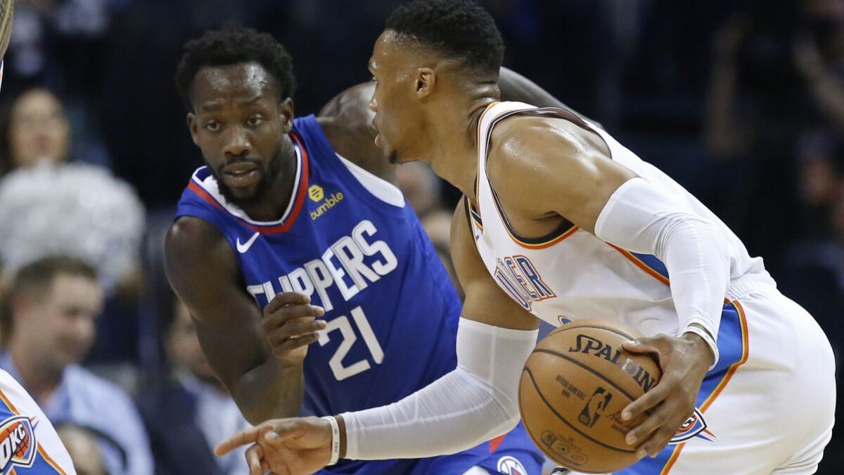 Thunder guard Russell Westbrook tries to drive against Clippers guard Patrick Beverley during a game earlier this season.
