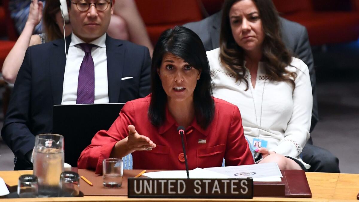 U.S. Ambassador to the United Nations Nikki Haley speaks during a U.N. Security Council meeting on North Korea in New York on Wednesday.
